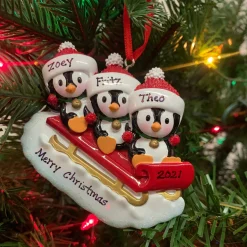 The Jolly Christmas Shop 3.75" Family Of 3 Penguins On Sled Personalized Christmas Ornament OR1915-3
