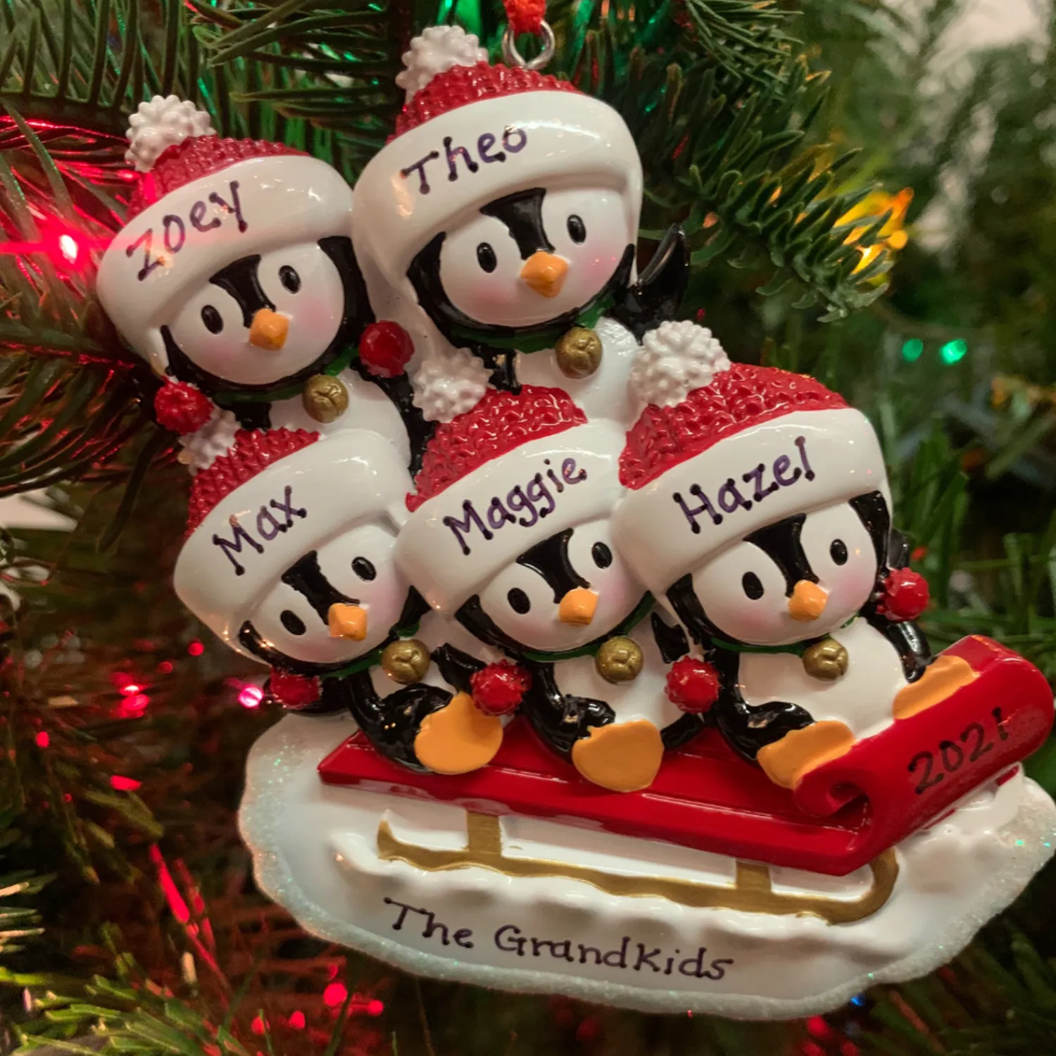 Online The Jolly Christmas Shop 4.25" Family Of 5 Penguins On Sled Personalized Christmas Ornament OR1915-5