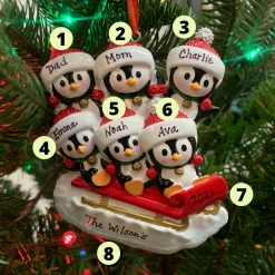 New The Jolly Christmas Shop 4.5" Family Of 6 Penguins On Sled Personalized Christmas Ornament OR1915-6