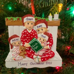Clearance The Jolly Christmas Shop 4.5" Family Of 4 Reading In Bed Personalized Christmas Ornament OR2025-4