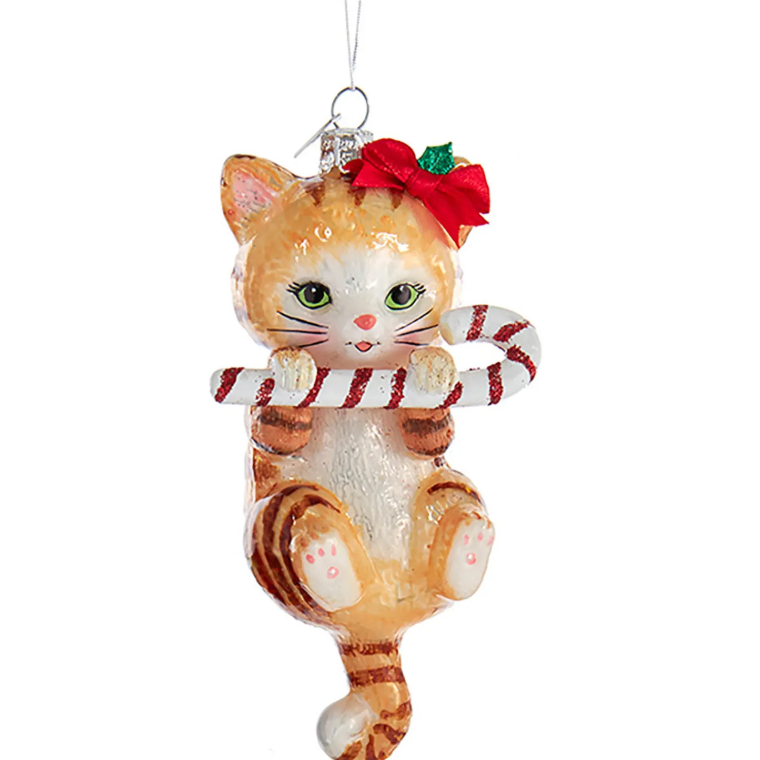 Online The Jolly Christmas Shop 5" Noble Gems Cat With Candy Cane Glass Christmas Ornament NB1668