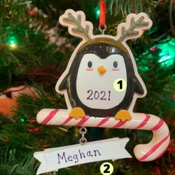 New The Jolly Christmas Shop 4.25" Penguin Pretender Wearing Antlers Personalized Christmas Ornament OR2185