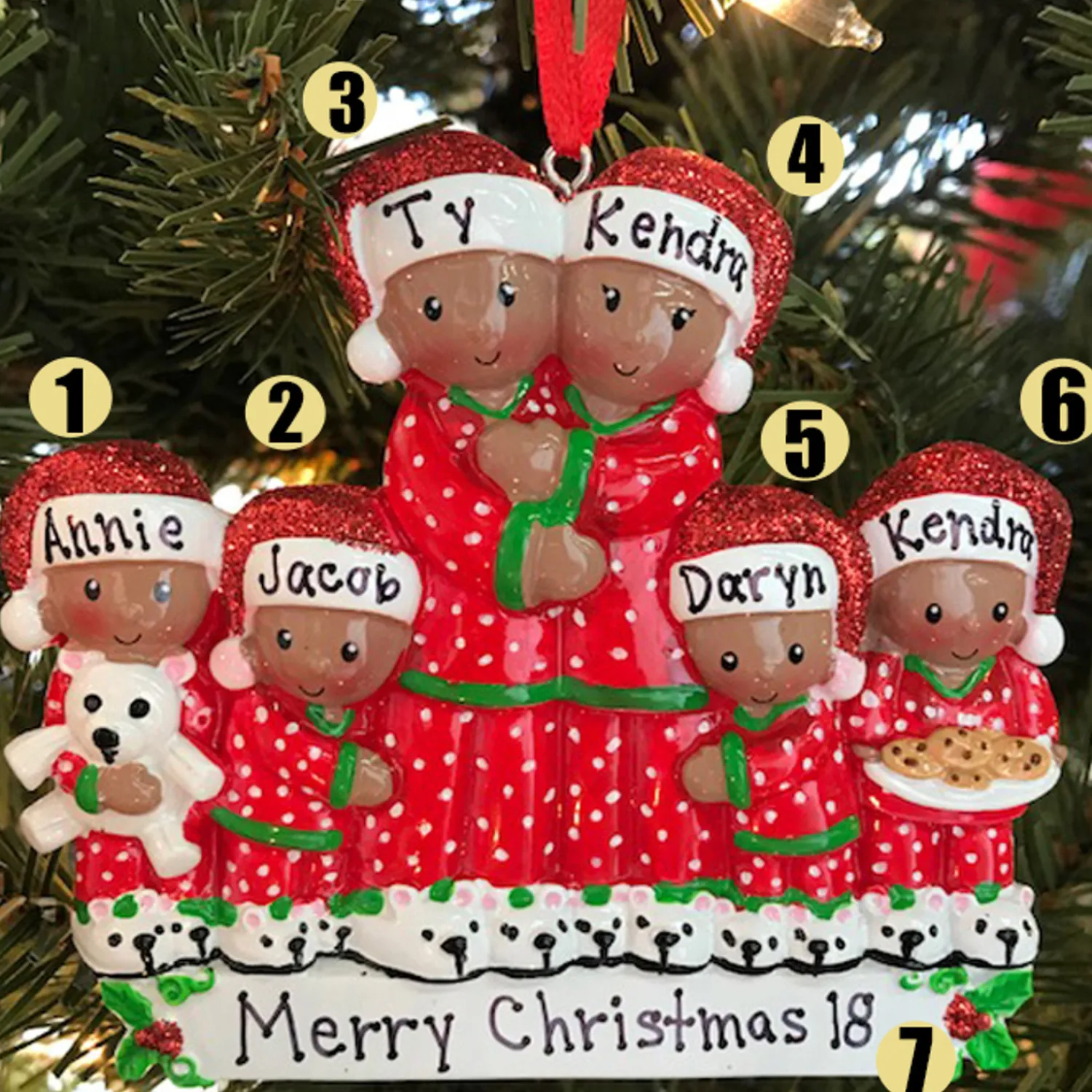 The Jolly Christmas Shop African American Pajama Family Of 6 Personalized Christmas Ornament