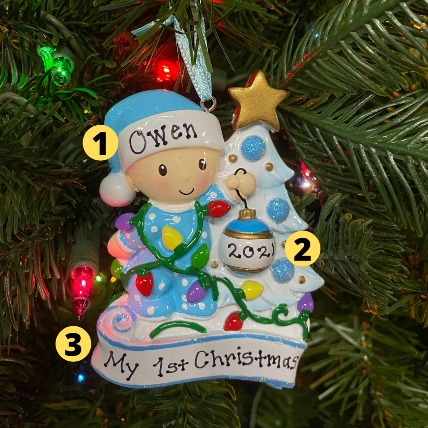 New The Jolly Christmas Shop Baby Decorating A Tree Blue Personalized Christmas Ornament OR1847-B