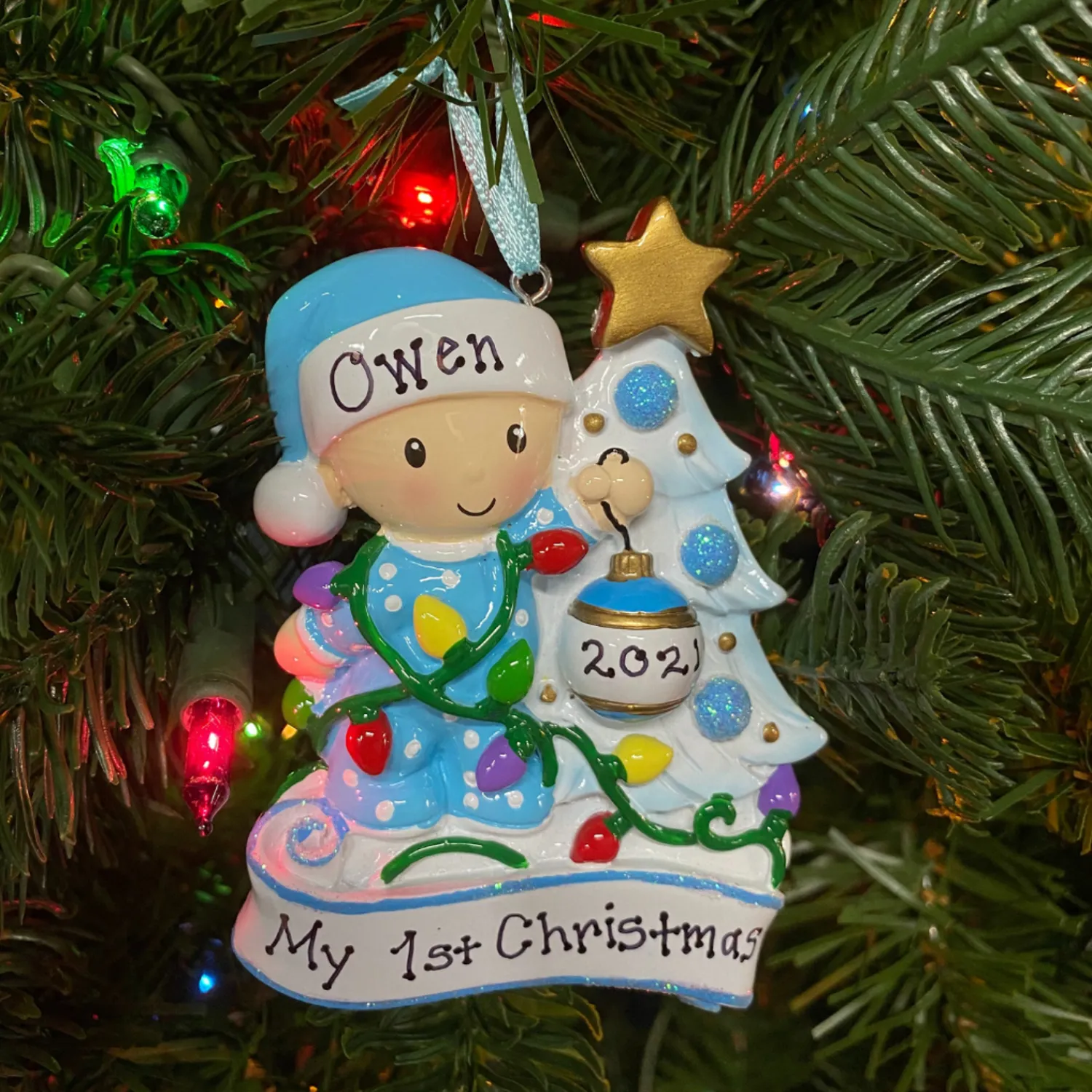 New The Jolly Christmas Shop Baby Decorating A Tree Blue Personalized Christmas Ornament OR1847-B