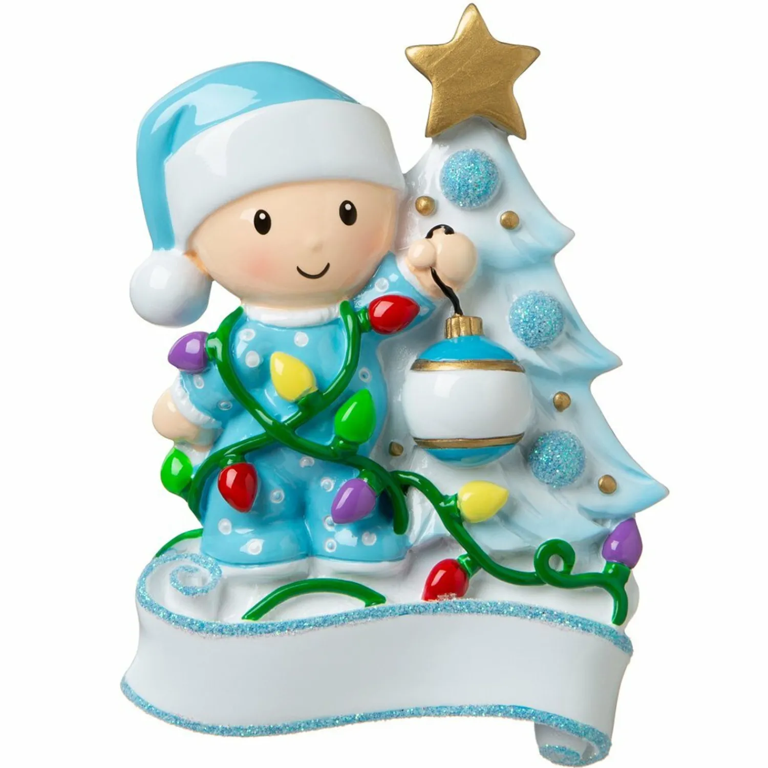 New The Jolly Christmas Shop Baby Decorating A Tree Blue Personalized Christmas Ornament OR1847-B
