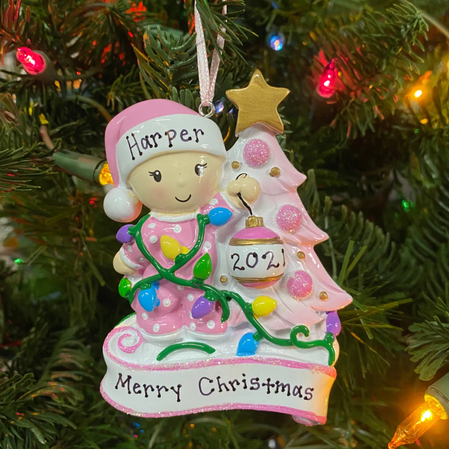 Best The Jolly Christmas Shop Baby Decorating A Tree Pink Personalized Christmas Ornament OR1847-P