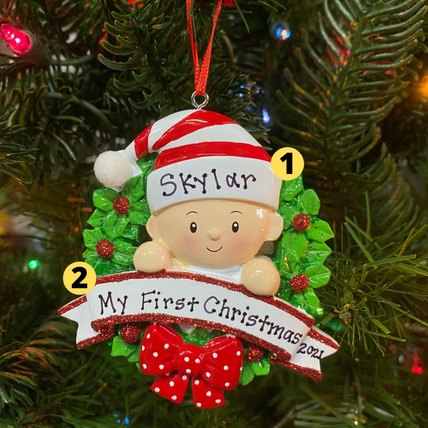 The Jolly Christmas Shop Baby In A Red And Green Wreath Personalized Christmas Ornament OR1746-RG