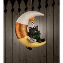 The Jolly Christmas Shop Bethany Lowe 15.75" Party Kitty In Candy Corn Moon Hanging Halloween Decoration TD1193