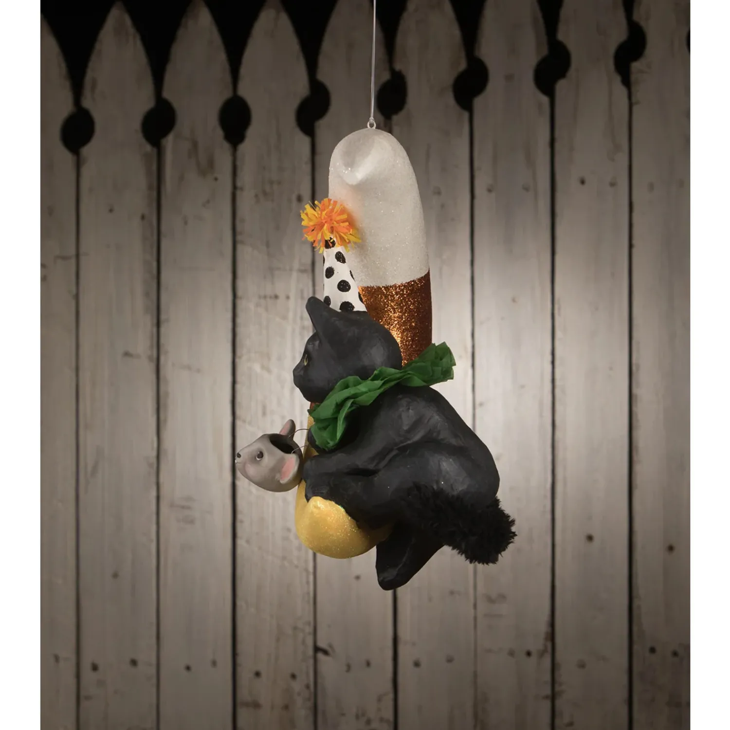 The Jolly Christmas Shop Bethany Lowe 15.75" Party Kitty In Candy Corn Moon Hanging Halloween Decoration TD1193