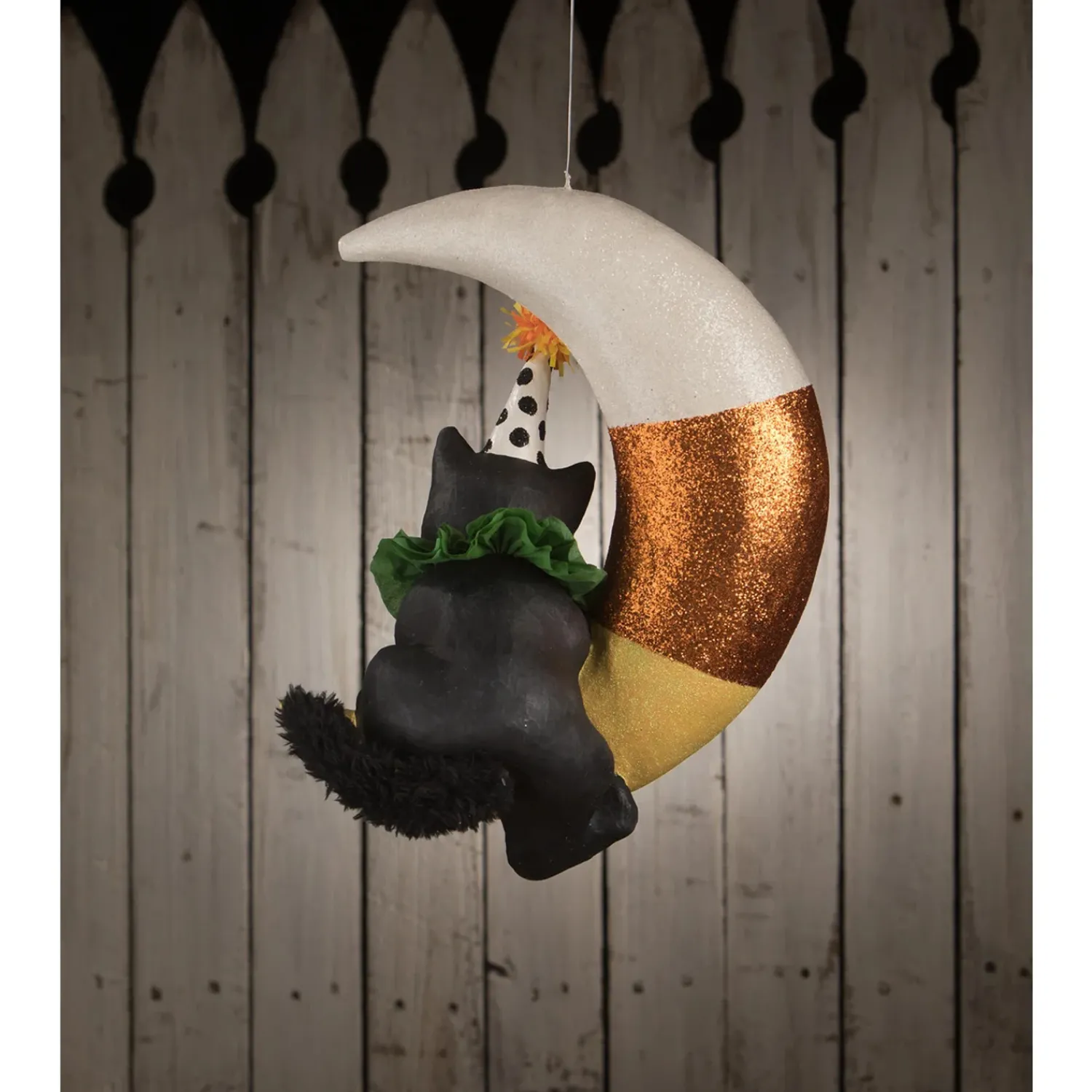 The Jolly Christmas Shop Bethany Lowe 15.75" Party Kitty In Candy Corn Moon Hanging Halloween Decoration TD1193