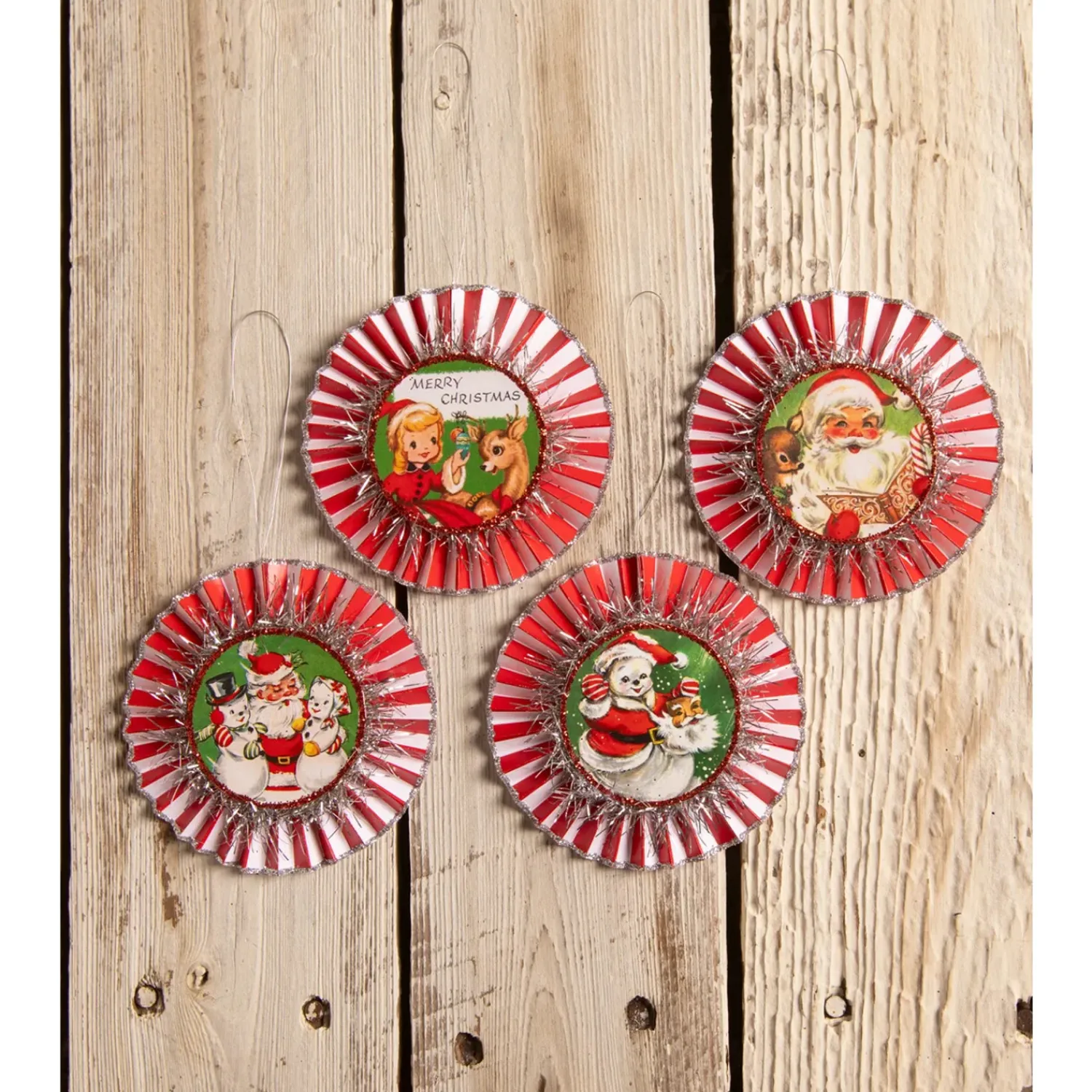 Sale The Jolly Christmas Shop Bethany Lowe 3.5" Set Of 4 Kitschmas Rosette Vintage Christmas Ornaments TL3366