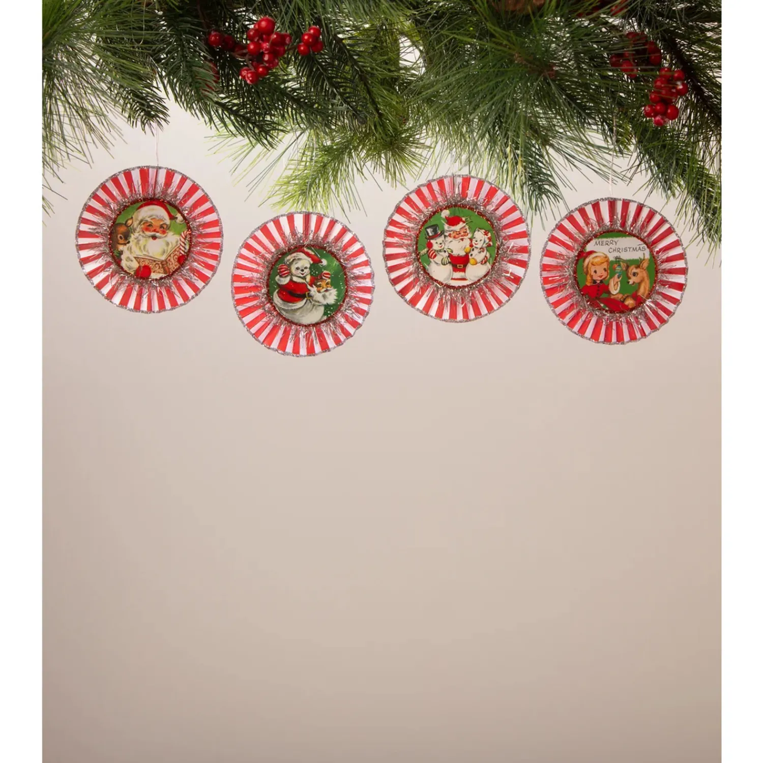 Sale The Jolly Christmas Shop Bethany Lowe 3.5" Set Of 4 Kitschmas Rosette Vintage Christmas Ornaments TL3366