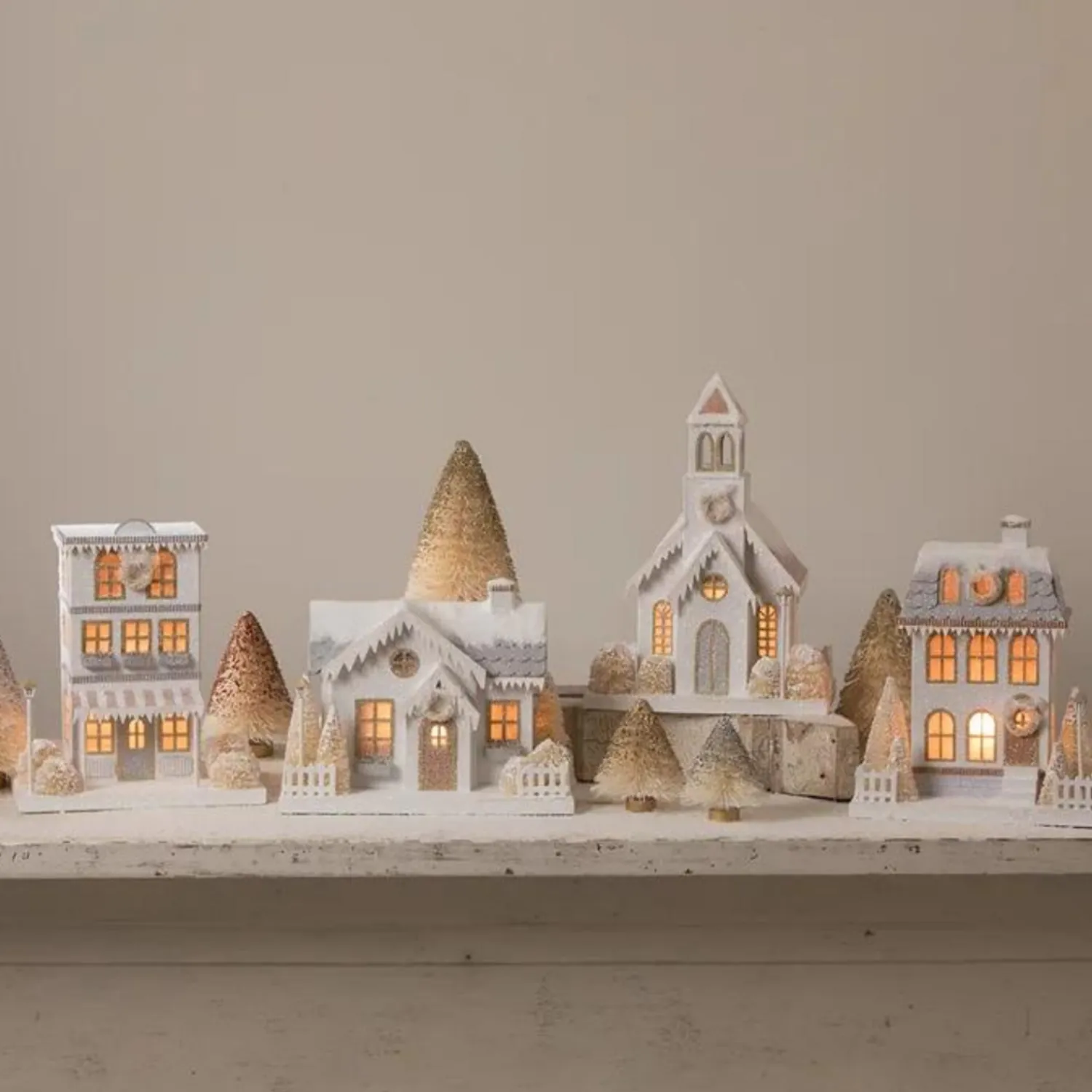 Hot The Jolly Christmas Shop Bethany Lowe Metallic Gold, White, And Silver Glittered Christmas Buildings
