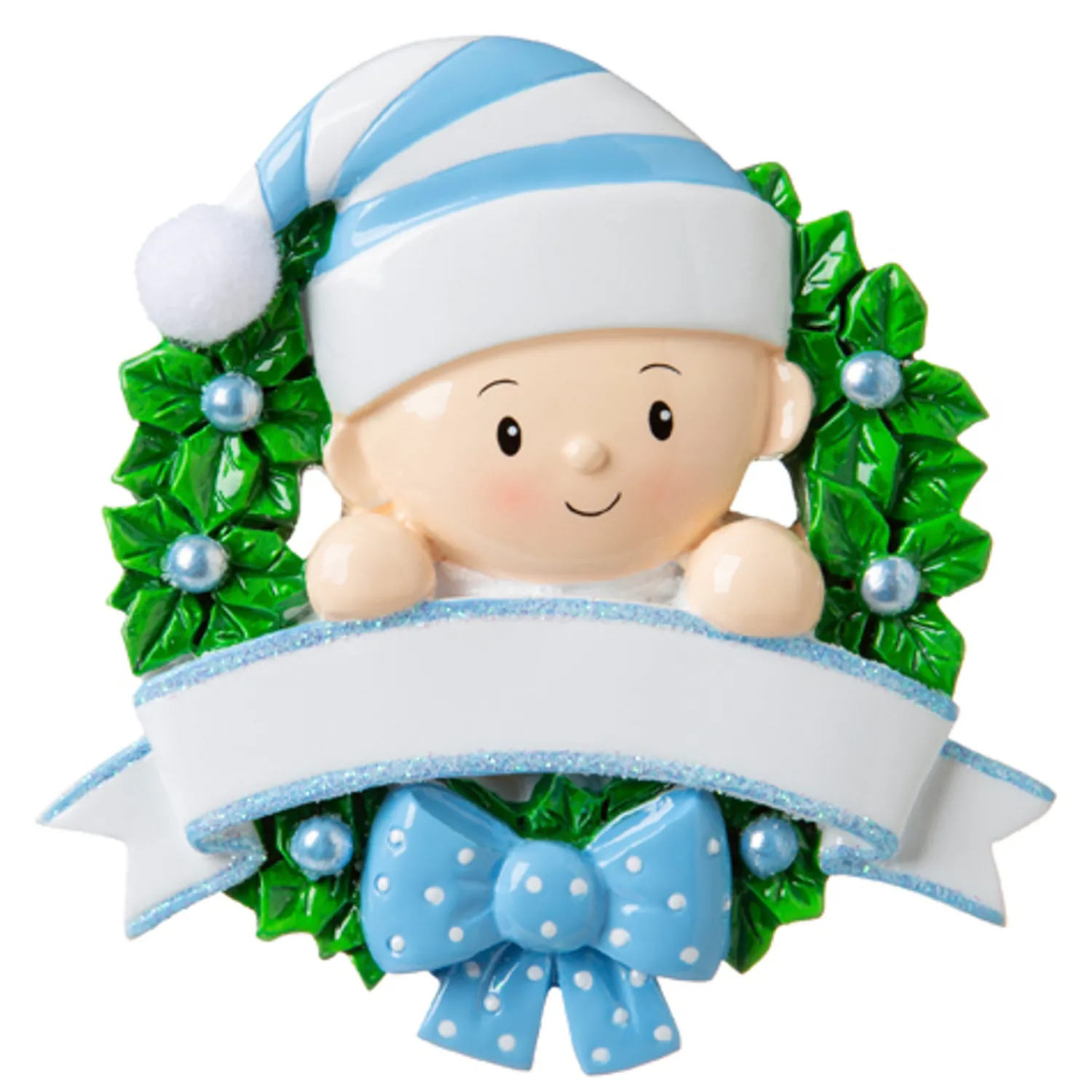 Sale The Jolly Christmas Shop Blue Baby Boy In Wreath Personalized Christmas Ornament OR1746-B