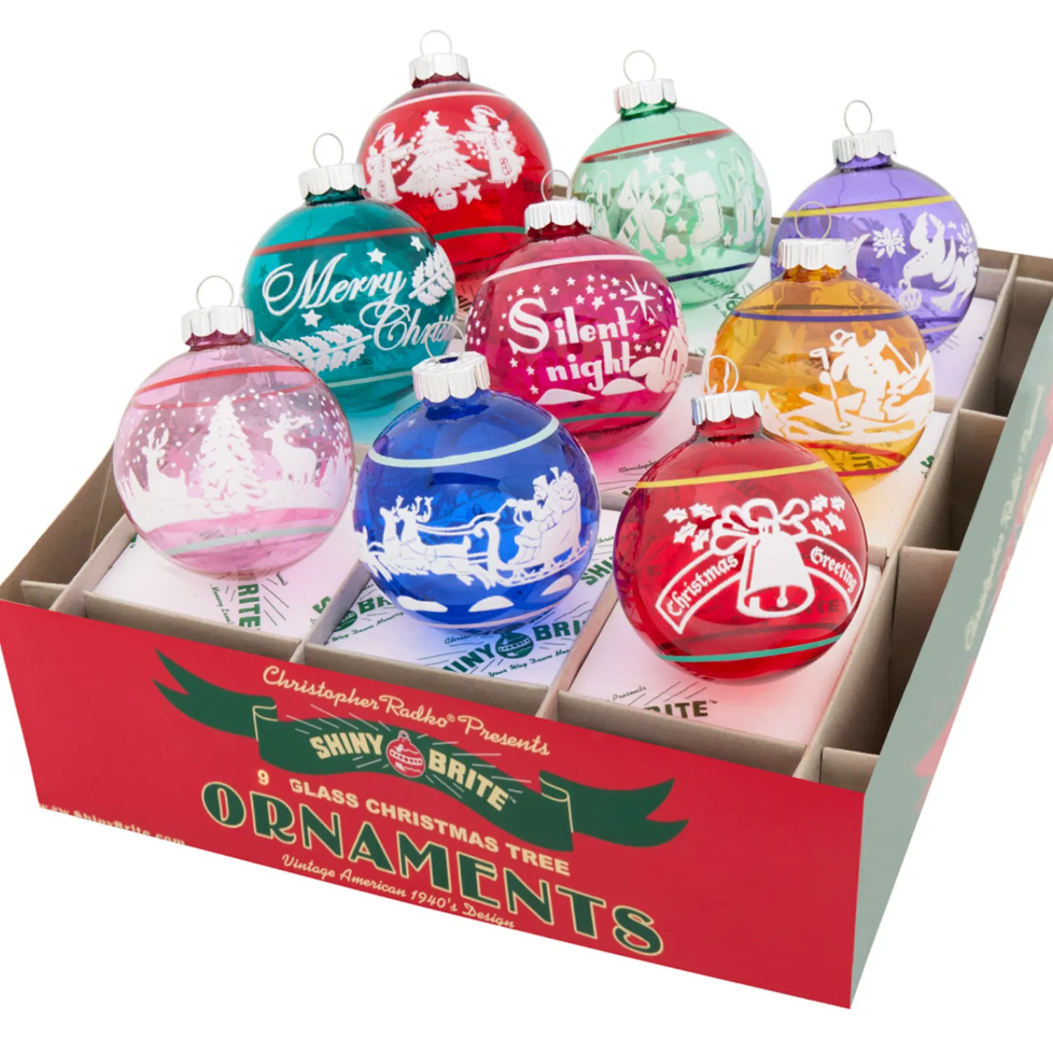 Outlet The Jolly Christmas Shop Christopher Radko Shiny Brite Vivid Vintage 2.5" Signature Flocked Round Christmas Ornaments 4028248