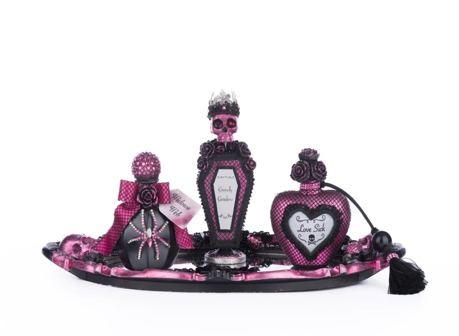 New The Jolly Christmas Shop Katherine's Collection 7.25" Pink Passion Vanity Tray With Bottles Set Halloween Decoration 28-428154
