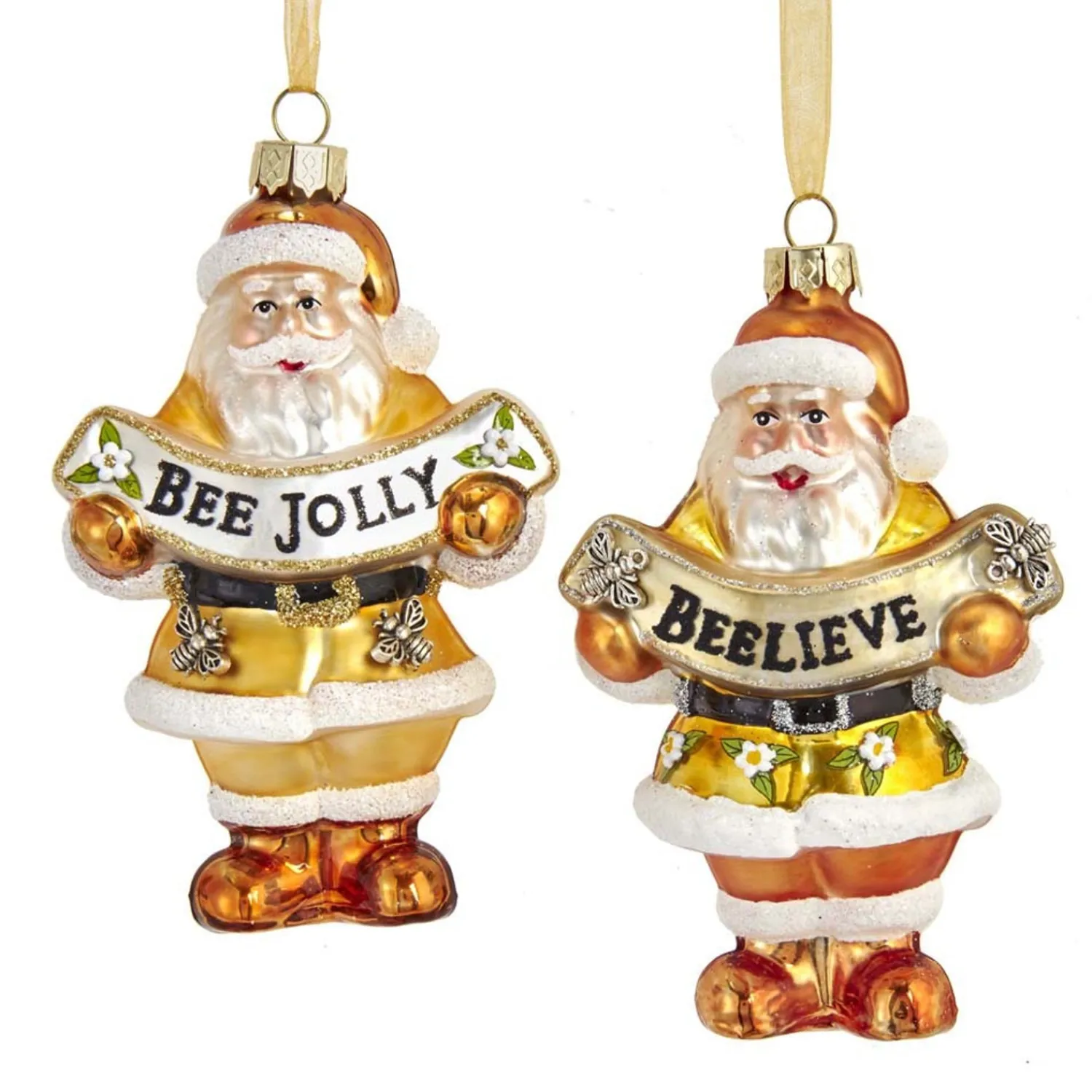 The Jolly Christmas Shop Kurt Adler 4.5" Gold And White Santa With Bee Banner Glass Christmas Ornament T2707