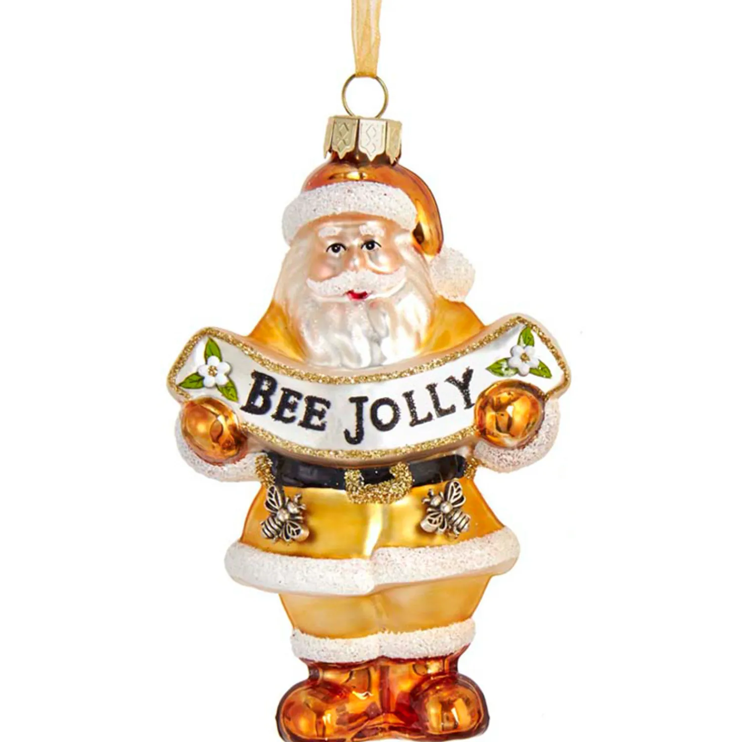 The Jolly Christmas Shop Kurt Adler 4.5" Gold And White Santa With Bee Banner Glass Christmas Ornament T2707