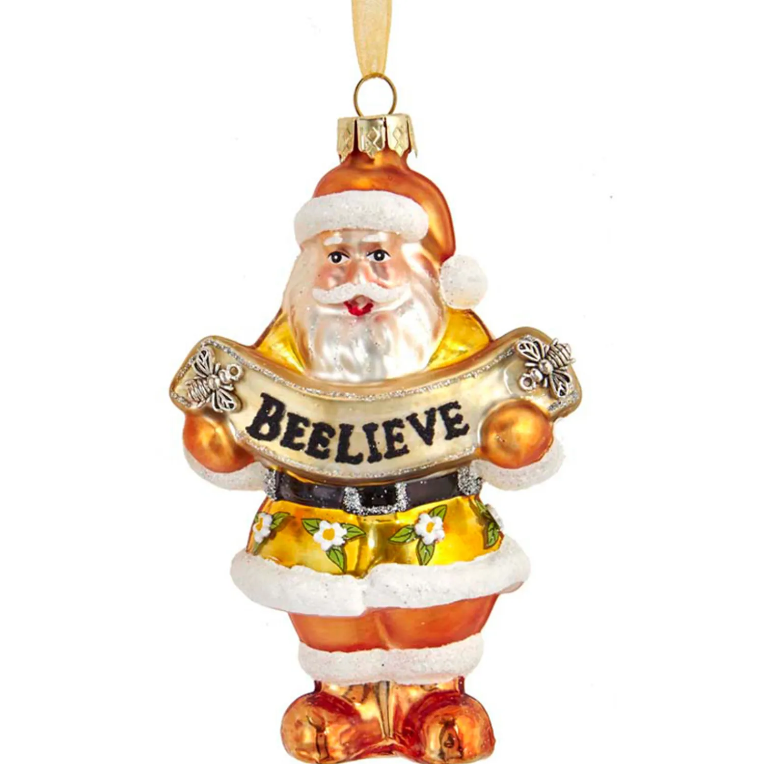 The Jolly Christmas Shop Kurt Adler 4.5" Gold And White Santa With Bee Banner Glass Christmas Ornament T2707