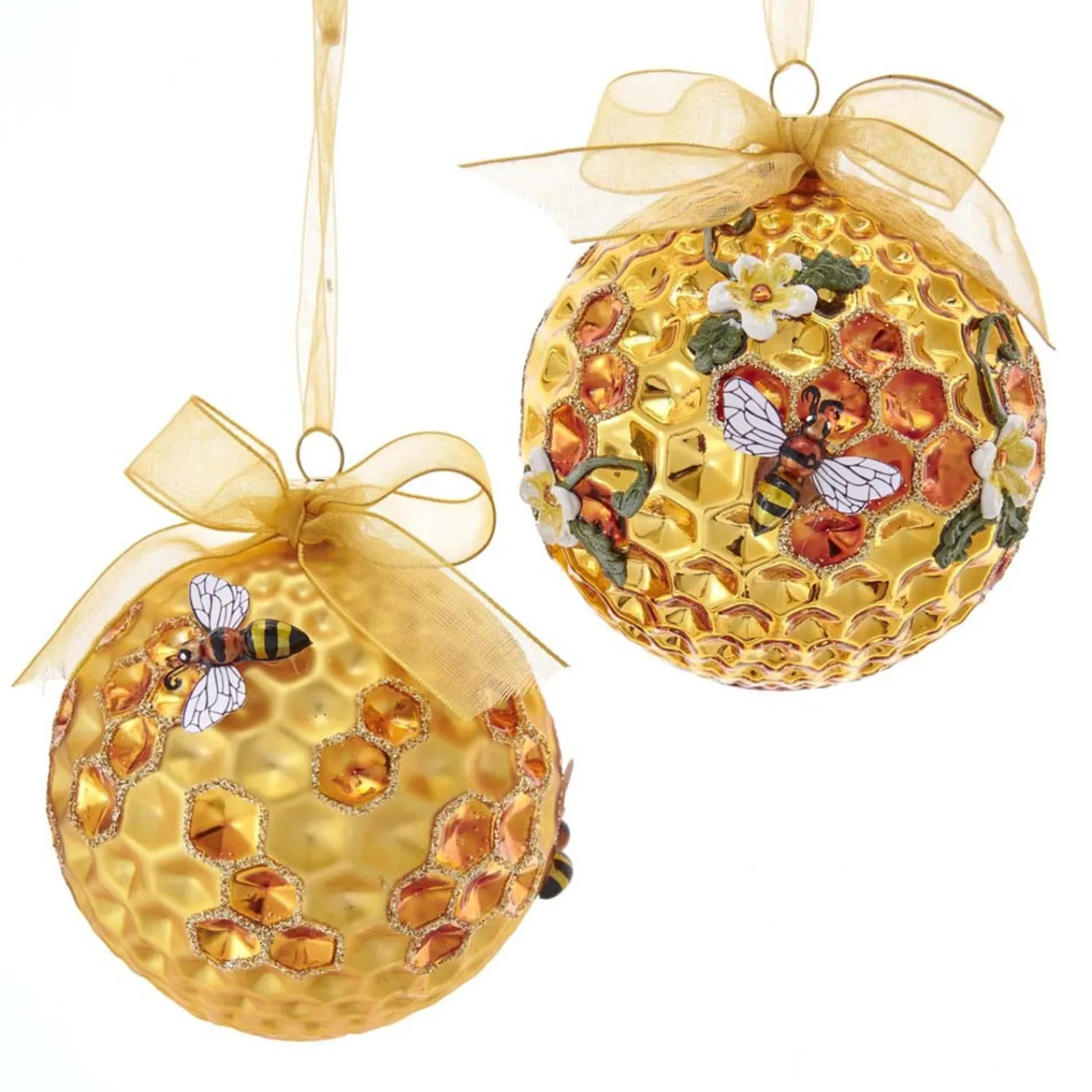 The Jolly Christmas Shop Kurt Adler 3.5" Gold Faceted Honeycomb Bee Glass Christmas Ornament T2702