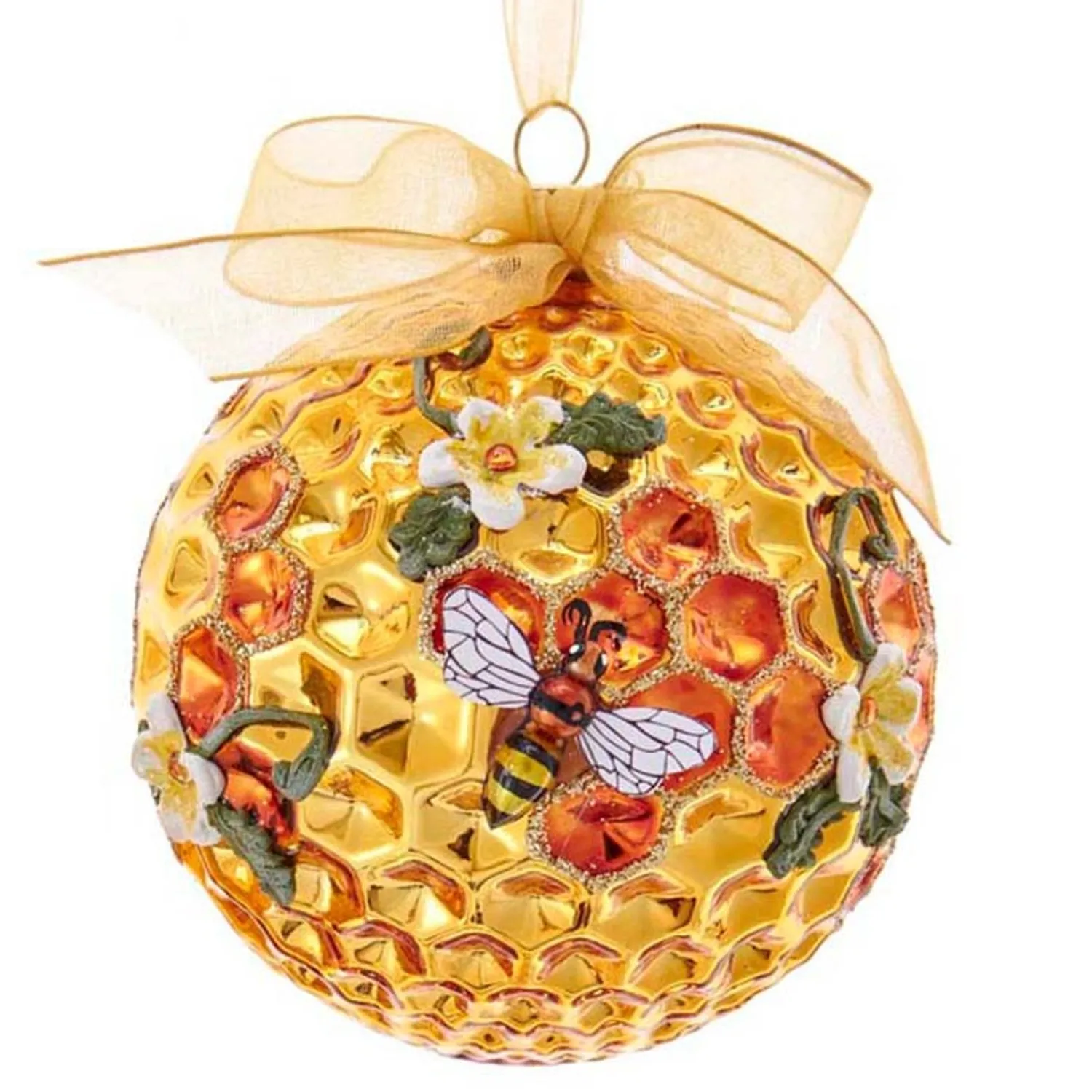 The Jolly Christmas Shop Kurt Adler 3.5" Gold Faceted Honeycomb Bee Glass Christmas Ornament T2702