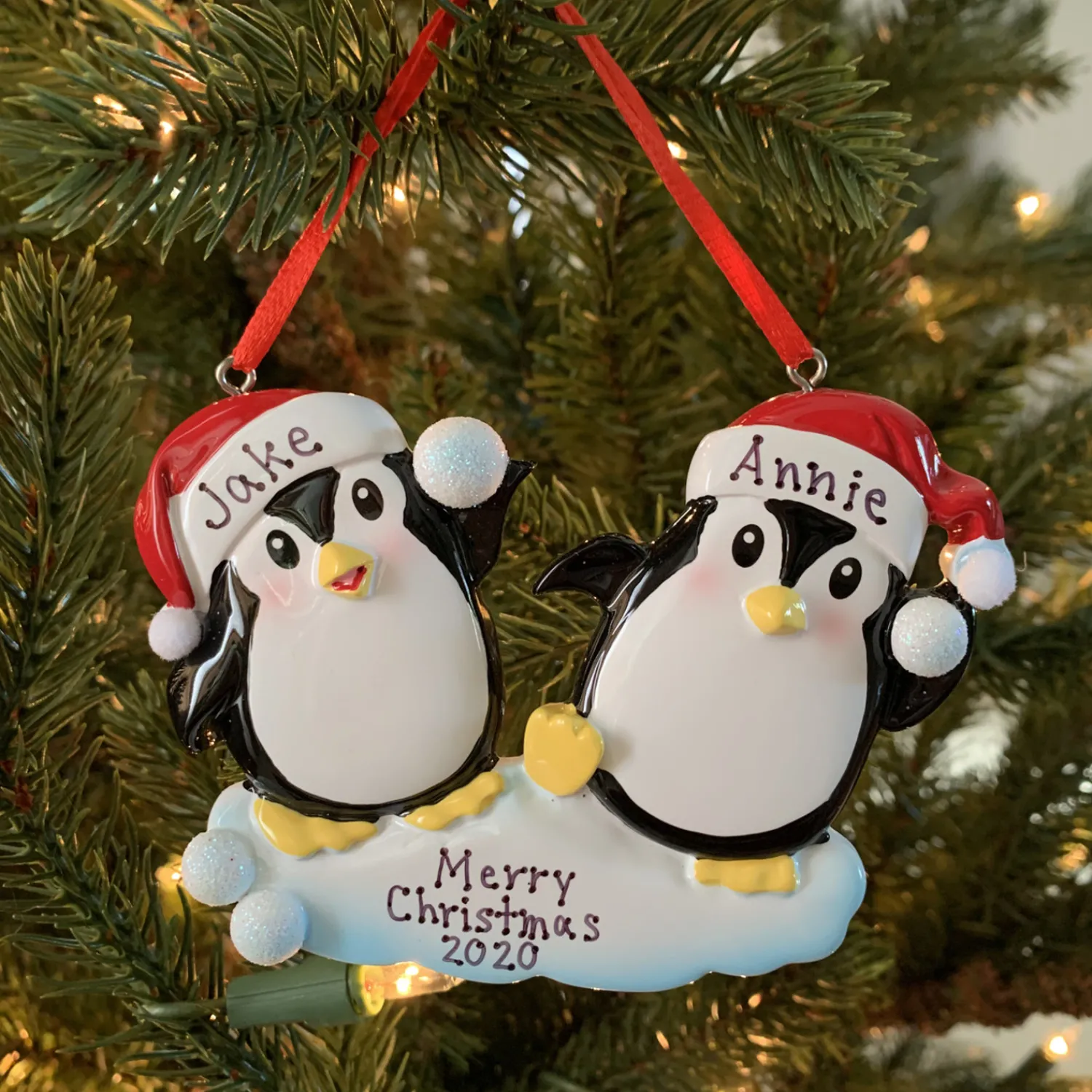 Hot The Jolly Christmas Shop Penguin Couple Throwing Snowballs Personalized Christmas Ornament OR1318
