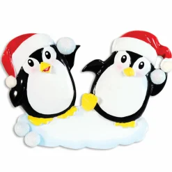 Hot The Jolly Christmas Shop Penguin Couple Throwing Snowballs Personalized Christmas Ornament OR1318