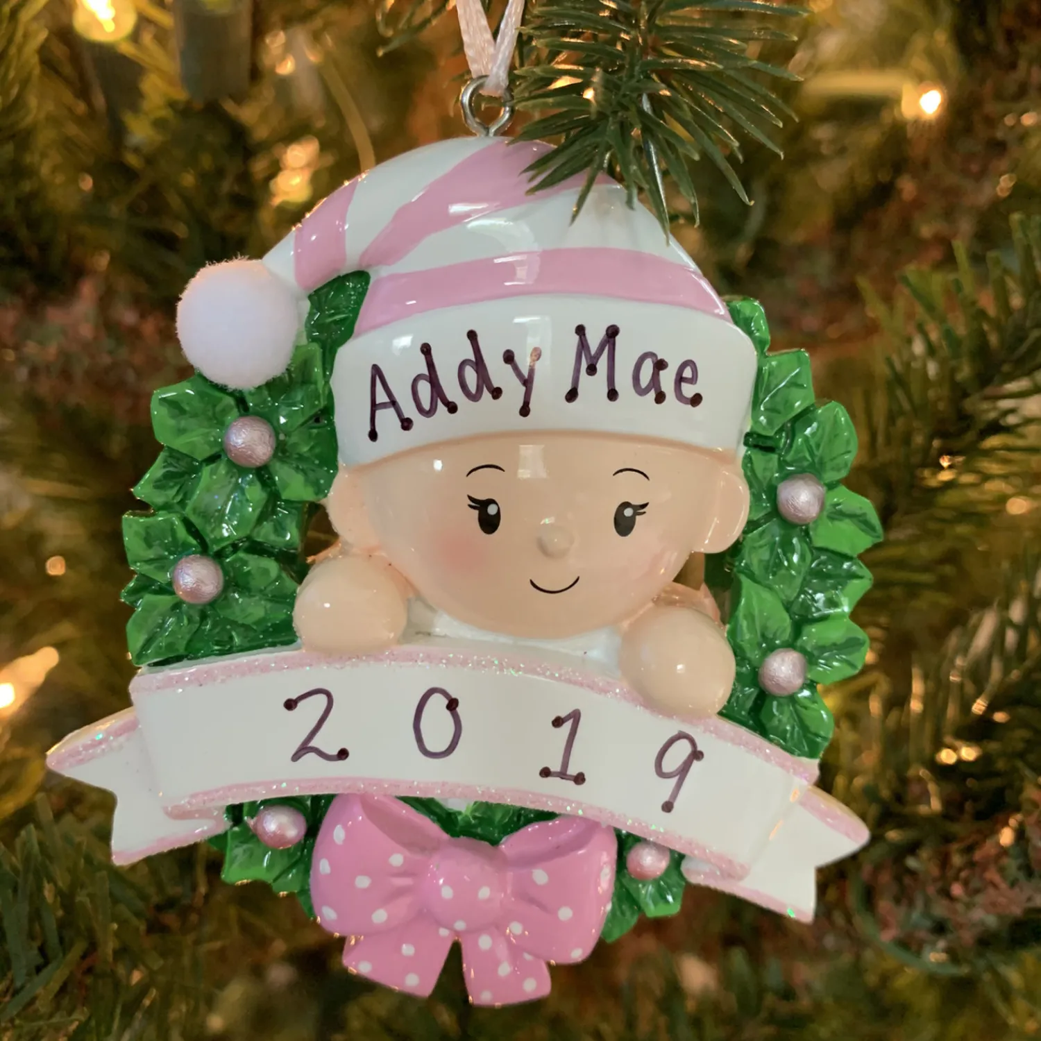 The Jolly Christmas Shop Pink Baby Girl In Wreath Personalized Christmas Ornament OR1746-P