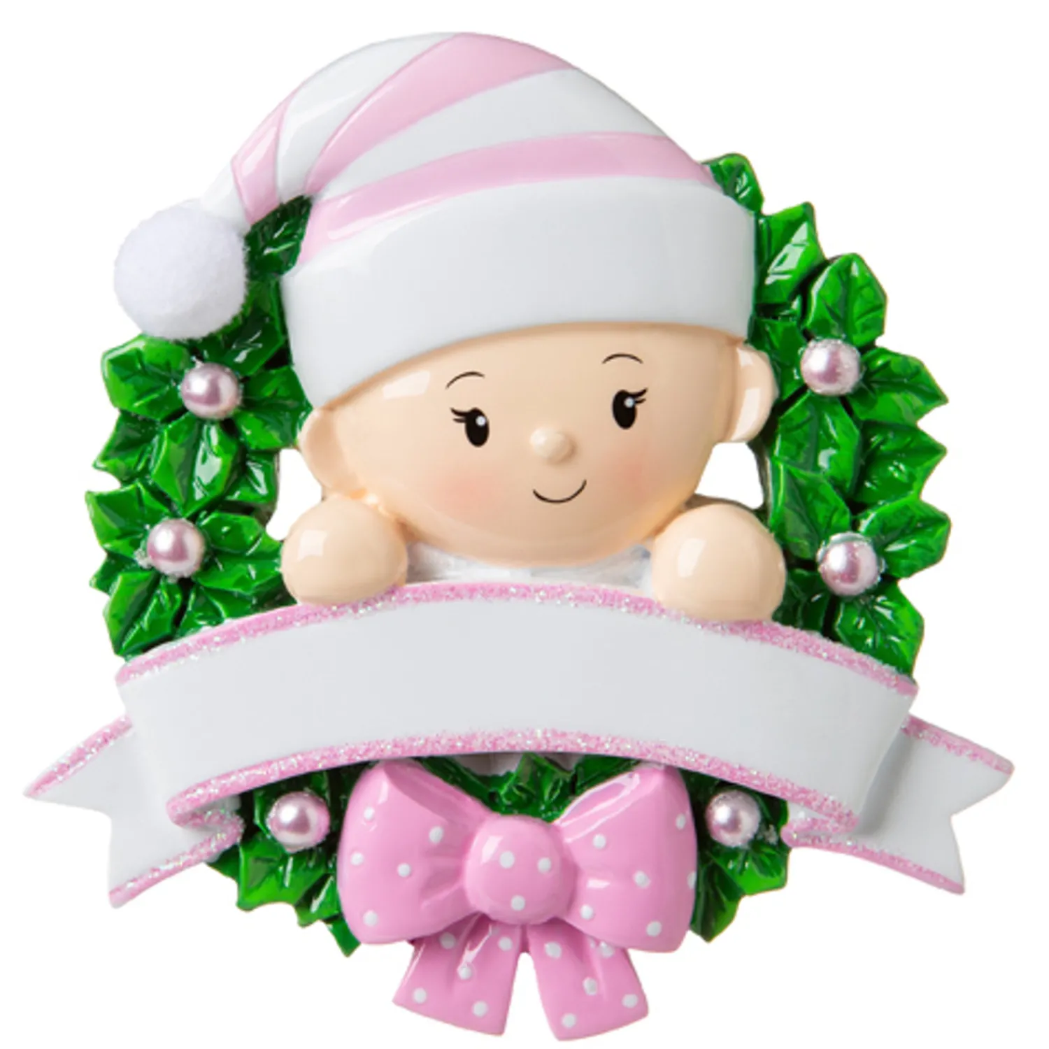 The Jolly Christmas Shop Pink Baby Girl In Wreath Personalized Christmas Ornament OR1746-P