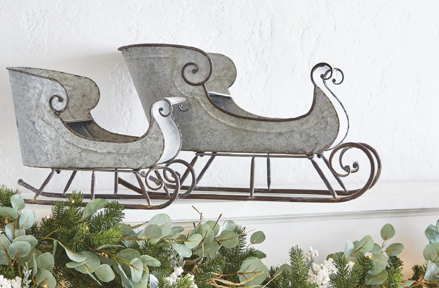 Hot The Jolly Christmas Shop Raz 16.5" & 24.5" Galvanized Distressed Metal Sleighs Set Of 2 Christmas Decoration 4128884