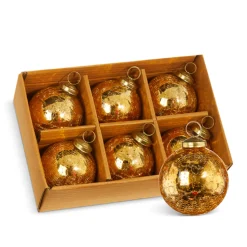 The Jolly Christmas Shop Raz 3" Box Of 6 Gold Crackle Glass Christmas Ornaments 4300717