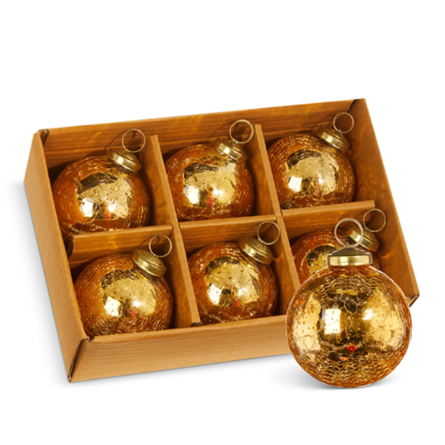 The Jolly Christmas Shop Raz 3" Box Of 6 Gold Crackle Glass Christmas Ornaments 4300717