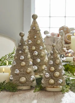 Online The Jolly Christmas Shop Raz 13" Champagne Dusted Bottle Brush Trees With Ornaments Set Of 3 4316151