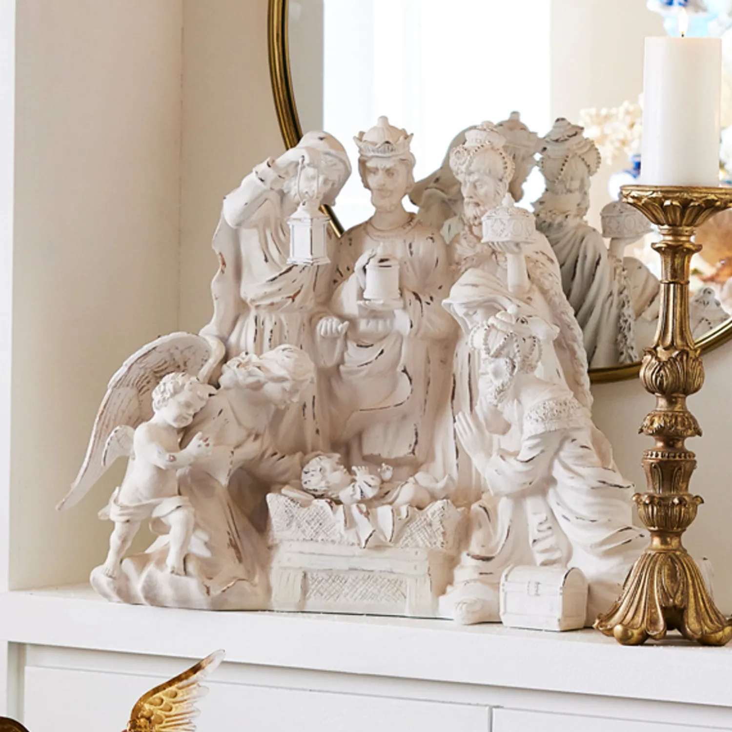 New The Jolly Christmas Shop Raz 27.75" Distressed White Large Christmas Nativity Scene With Wood Look 4211152
