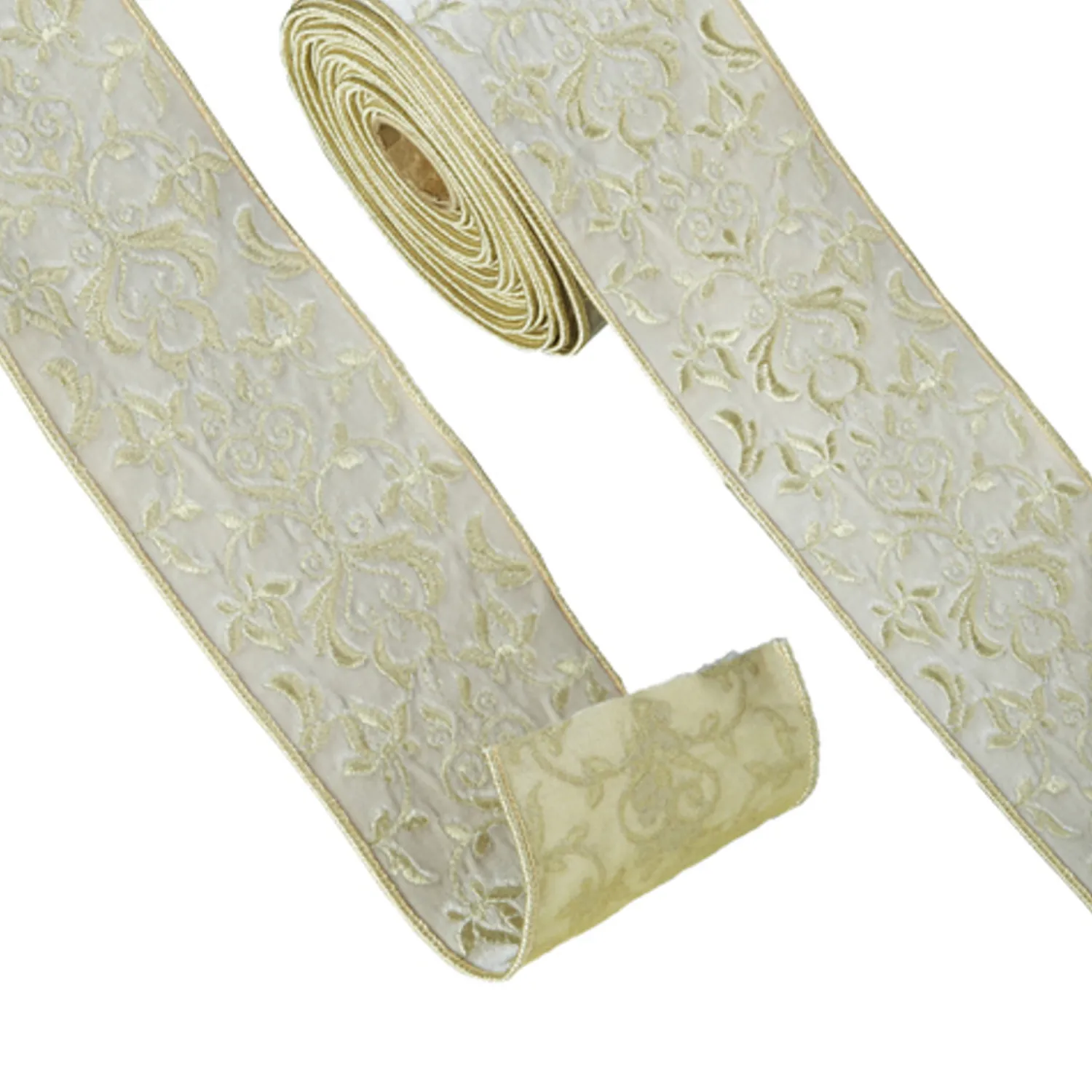 Discount The Jolly Christmas Shop Raz 4" Embroidered Champagne Wired Christmas Ribbon R4371784