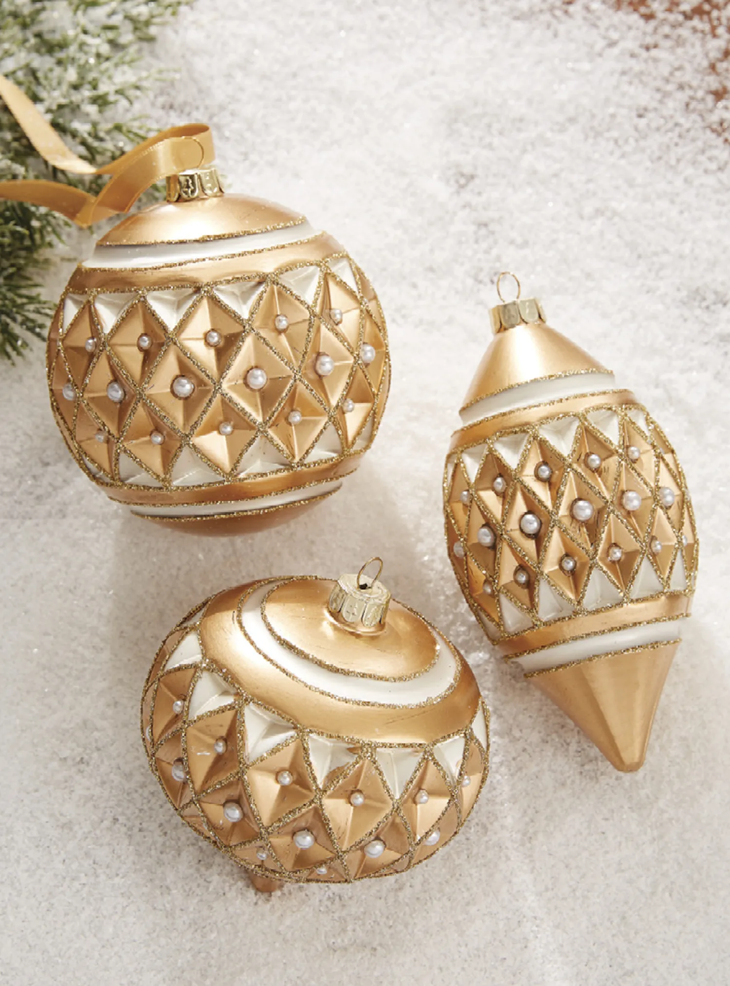 Best The Jolly Christmas Shop Raz 4" Gold Diamond Point With Pearls Glass Christmas Ornament 4122807