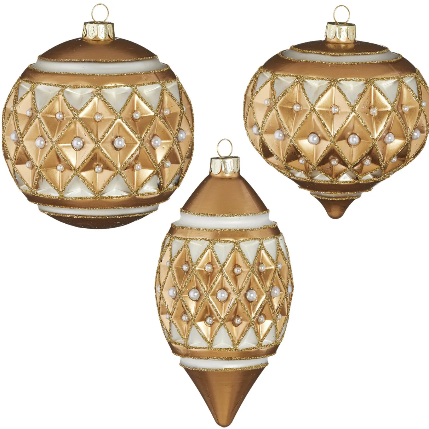 Best The Jolly Christmas Shop Raz 4" Gold Diamond Point With Pearls Glass Christmas Ornament 4122807