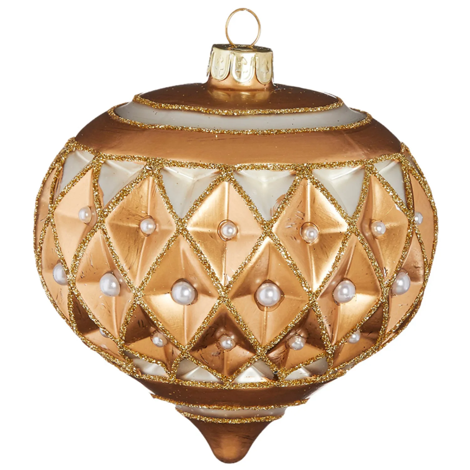 Best The Jolly Christmas Shop Raz 4" Gold Diamond Point With Pearls Glass Christmas Ornament 4122807