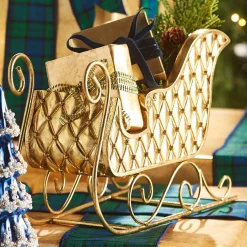New The Jolly Christmas Shop Raz 12" Gold Quilted Sleigh Christmas Figure 4412154
