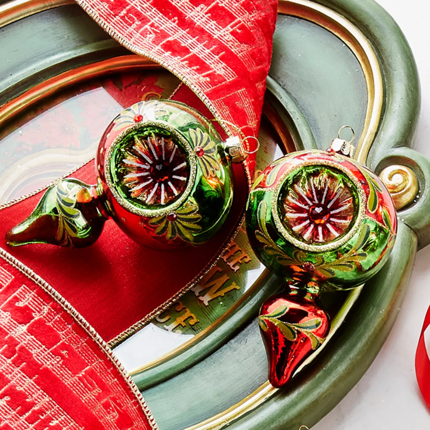 The Jolly Christmas Shop Raz 5" Green And Red Finial Reflector Glass Christmas Ornament 4320017