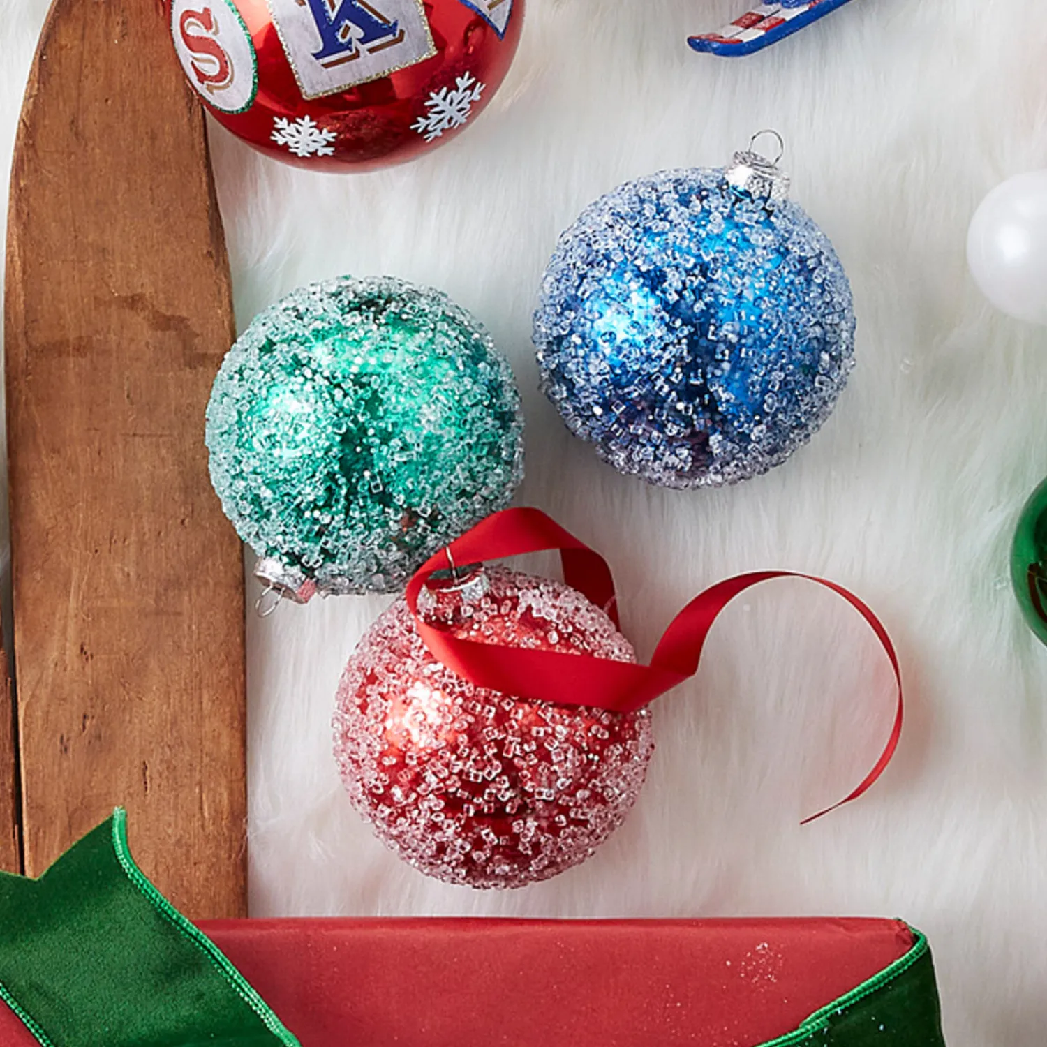 Best The Jolly Christmas Shop Raz 4" Green, Blue Or Red Iced Ball Glass Christmas Ornament 4324542