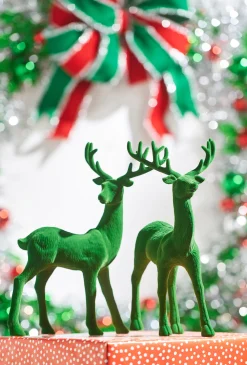 New The Jolly Christmas Shop Raz 13" Green Flocked Deer Figures Set Of 2 4432755