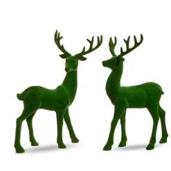 New The Jolly Christmas Shop Raz 13" Green Flocked Deer Figures Set Of 2 4432755