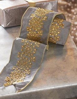 The Jolly Christmas Shop Raz 4" Grey And Gold Embroidered Wired Christmas Ribbon R4171868
