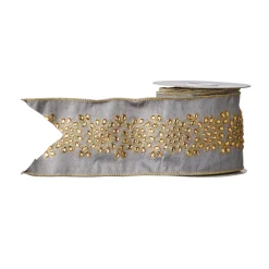 The Jolly Christmas Shop Raz 4" Grey And Gold Embroidered Wired Christmas Ribbon R4171868