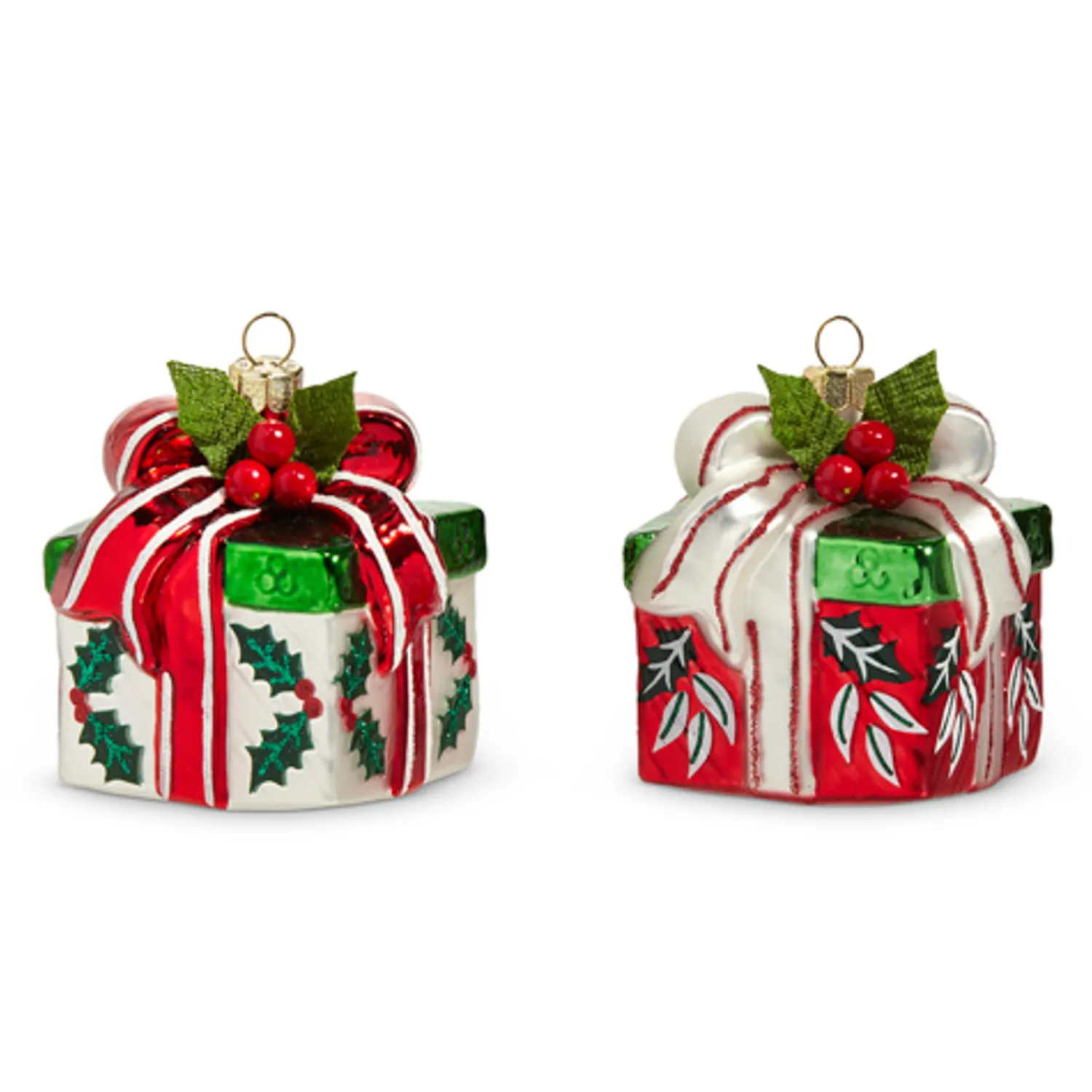 Clearance The Jolly Christmas Shop Raz 3" Holly Gift Glass Christmas Ornament Set Of 2 4452890