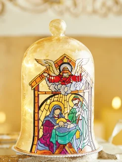 The Jolly Christmas Shop Raz 9" Holy Family Faux Stained Glass Lighted Cloche Christmas Decoration 4116345