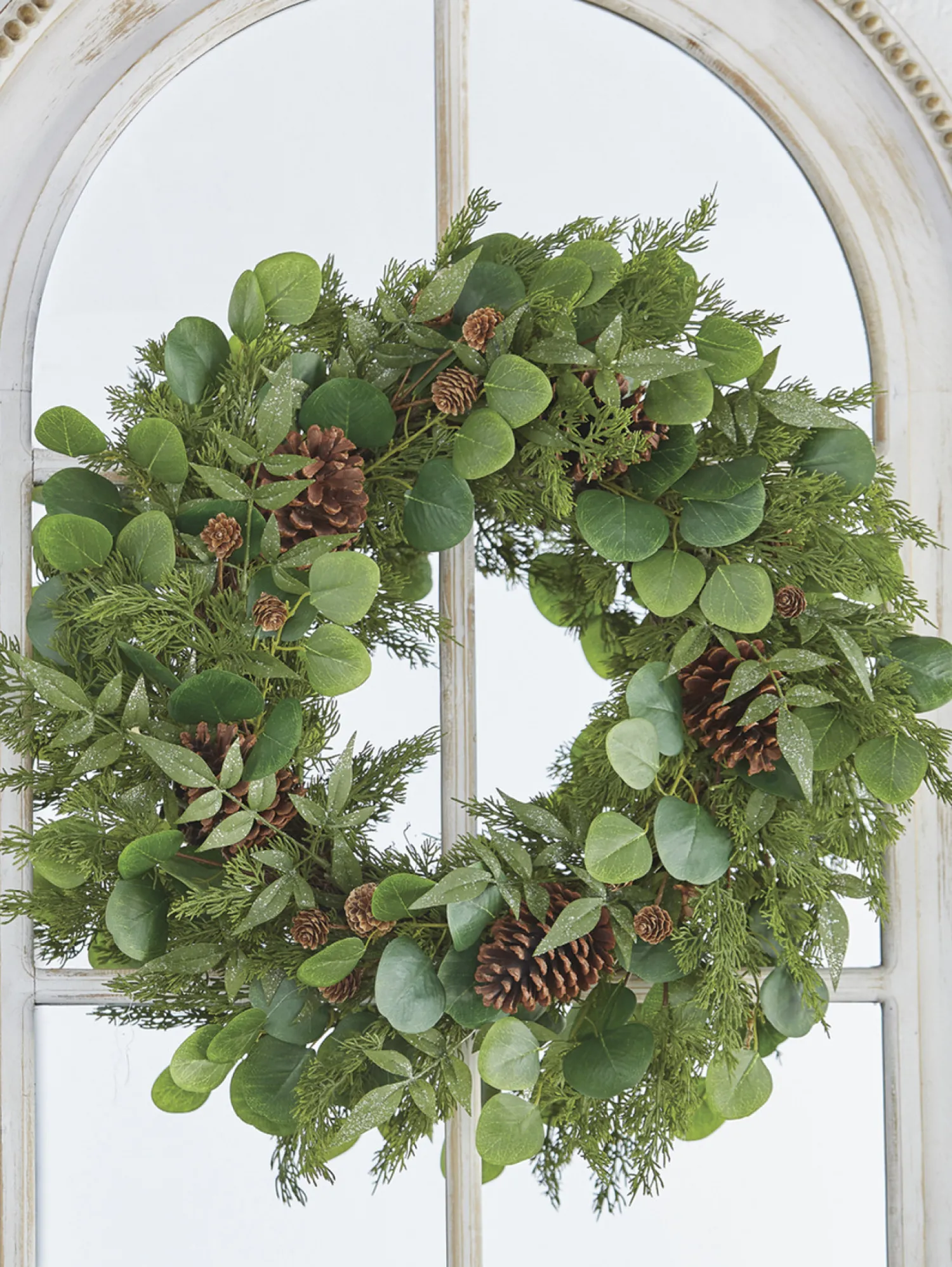Clearance The Jolly Christmas Shop Raz 27" Iced Mixed Greenery, Eucalyptus And Pinecone Christmas Wreath W4102617
