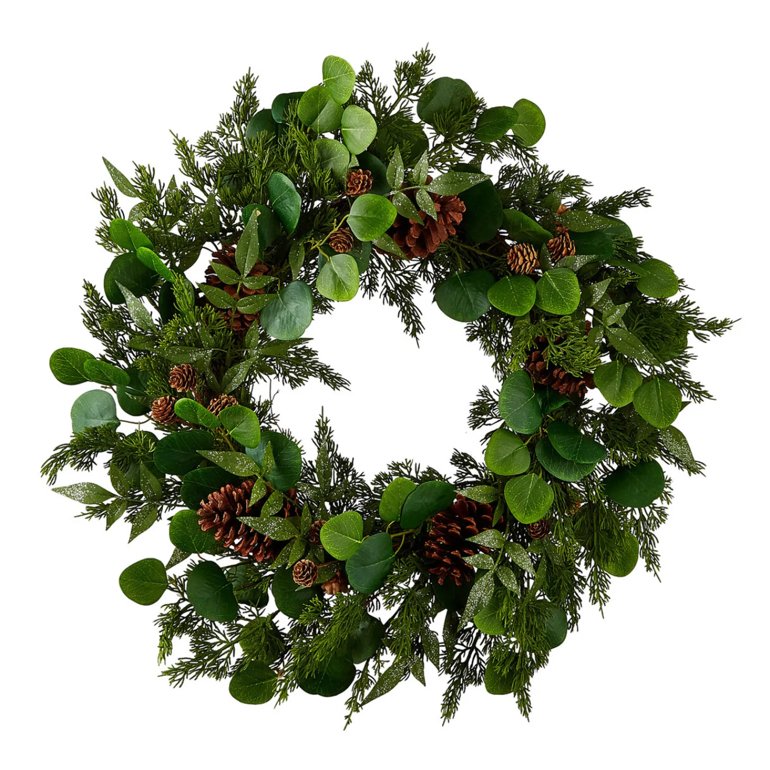 Clearance The Jolly Christmas Shop Raz 27" Iced Mixed Greenery, Eucalyptus And Pinecone Christmas Wreath W4102617